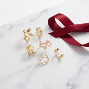 Pink Bow & Gold Ring  Set of 6